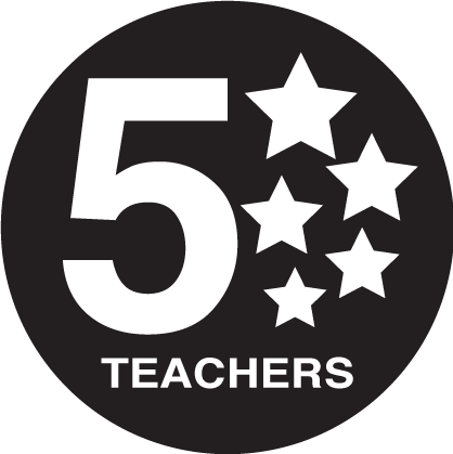 the logo of 5StarTeachers showing a big 5 surrounded by 5 golden stars of different sizes wrapped in a circular shield